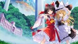  2girls absurdres apron armpits ascot black_hair black_hat black_skirt black_vest blonde_hair bow bowtie braid building closed_mouth cropped_legs detached_sleeves floating_hair frilled_bow frilled_hair_tubes frilled_skirt frills from_below game_asset hair_between_eyes hair_bow hair_tubes hakurei_reimu hat hat_bow highres hirano_katsuyuki holding kirisame_marisa layered_skirt long_hair long_sleeves looking_at_viewer multiple_girls non-web_source official_art red_bow red_eyes red_shirt red_skirt ribbon-trimmed_sleeves ribbon_trim scarlet_devil_mansion self-datamine shirt short_sleeves sidelocks single_braid skirt sleeveless sleeveless_shirt smile standing touhou touhou_spell_carnival two-tone_skirt very_long_hair vest waist_apron white_apron white_bow white_bowtie white_shirt white_skirt white_sleeves white_trim witch_hat yellow_ascot yellow_eyes 