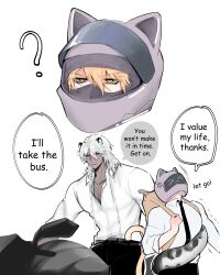  1boy 1other ? absurdres alternate_costume anger_vein angry animal_ears backpack bag belt black_belt black_necktie black_pants blonde_hair braid cat_ears cat_tail closed_mouth collarbone collared_shirt commentary covered_face covered_mouth dark_skin eliice131 english_commentary english_text hair_between_eyes hair_ornament hair_tubes half-closed_eyes hand_up helmet highres holding honkai_(series) kemonomimi_mode long_hair long_hair_between_eyes long_sleeves looking_at_another low-braided_long_hair low-tied_long_hair male_focus motor_vehicle motorcycle multiple_braids multiple_views nanook_(honkai:_star_rail) necktie on_motorcycle orange_eyes other_focus other_with_male pants phainon_(honkai:_star_rail) phainon_(khaslana)_(honkai:_star_rail) shirt short_hair simple_background sitting snow_leopard_ears snow_leopard_tail speech_bubble standing tail trembling v-shaped_eyebrows very_long_hair white_background white_hair white_shirt yellow_bag 