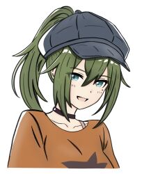  1girl black_choker blue_eyes blush choker collarbone green_hair grey_hat hair_between_eyes hat hibarakirari highres looking_at_viewer mole mole_under_eye newsboy_cap official_alternate_costume open_mouth orange_shirt ponytail shirt simple_background solo upper_body venus_(zenless_zone_zero) white_background zenless_zone_zero 