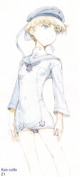 1girl blonde_hair blue_eyes breasts commentary_request dress hat highres hirokazu kantai_collection looking_to_the_side sailor_dress sailor_hat short_hair small_breasts smile solo traditional_media z1_leberecht_maass_(kancolle) 