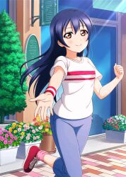  1girl anime_coloring aqua_pants blue_hair blush breasts clenched_hand closed_mouth collarbone day dot_nose flower flower_bed foot_out_of_frame hair_between_eyes hand_up long_hair looking_at_viewer loose_socks love_live! love_live!_school_idol_festival love_live!_school_idol_project medium_breasts official_art open_hand outdoors outstretched_hand palms pants pink_flower pink_socks reaching reaching_towards_viewer red_flower red_shoes running shirt shoes short_sleeves smile socks solo sonoda_umi sonoda_umi_(summer_training_wear) spread_fingers standing standing_on_one_leg storefront sunlight t-shirt tree white_flower white_shirt wristband yellow_eyes yellow_flower 