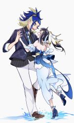  1boy 1girl adaman_(palentine's_2026)_(pokemon) adaman_(pokemon) akari_(pokemon) akari_(summer_2026)_(pokemon) bare_shoulders belt black_hair black_shirt blue_dress blue_hair blue_necktie blush closed_eyes cocoa_s3 collared_shirt dress gold_belt gold_choker gold_collar gradient_clothes gradient_dress green_hair high-waist_belt highres holding_hands jacket layered_dress long_hair multicolored_hair necktie official_alternate_costume open_clothes open_jacket open_mouth pants pokemon pokemon_masters_ex ponytail shirt shoes sidelocks smile strapless strapless_dress teeth water white_pants 