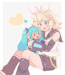  1girl belt black_sailor_collar black_shorts blonde_hair blue_eyes bow detached_sleeves hair_bow hair_ornament hairclip hatsune_miku headphones heart highres holding holding_stuffed_toy kagamine_rin leg_warmers neckerchief open_mouth parallel_hairclips sailor_collar shirt short_hair shorts sitting sleeveless sleeveless_shirt stuffed_toy treble_clef vocaloid white_bow white_shirt yellow_belt yellow_neckerchief yellow_trim zzz_giragira 
