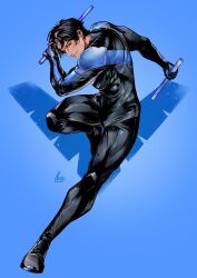 1boy absurdres batman_(series) batman_symbol black_bodysuit blue_bodysuit bodysuit dc_comics dick_grayson escrima_sticks highres male_focus mask multicolored_bodysuit muscular muscular_male nightwing non_unooo smile solo superhero_costume taut_bodysuit taut_clothes tight_clothes two-tone_bodysuit 