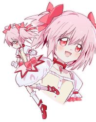  1girl bow bubble_skirt choker dress full_body gem gloves hair_ribbon highres kaname_madoka magical_girl mahou_shoujo_madoka_magica mahou_shoujo_madoka_magica_(anime) open_mouth pink_eyes pink_gem pink_hair red_choker ribbon short_twintails skirt smile solo soul_gem twintails uyum_uu 