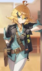  1girl antenna_hair aqua_shirt belt black_gloves black_jacket blonde_hair blue_shirt blurry blurry_background brown_belt closed_mouth collared_shirt commentary cowboy_shot dokibird dokibird_(bounty_hunter) feather_hair gloves green_eyes hair_ornament highres holster indie_virtual_youtuber jacket looking_at_viewer neckerchief pants pinstripe_pattern pinstripe_shirt shirt short_hair smile solo vakuuberi virtual_youtuber white_pants x_hair_ornament yellow_neckerchief 