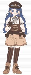  1girl alternate_costume blue_eyes blue_hair blunt_bangs brown_shoes brown_skirt brown_thighhighs commentary_request earrings facial_mark hat highres jewelry key_earrings long_hair looking_at_viewer michigami_nareko mismatched_earrings newsboy_cap pleated_skirt sakurasaka shoes short_sleeves simple_background skirt solo striped_background striped_clothes striped_thighhighs thigh-highs touhou triangle triangle_facial_mark vertical-striped_clothes vertical-striped_thighhighs white_background 
