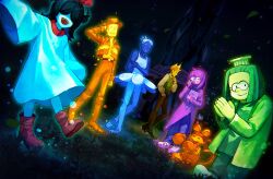  1other 2girls 3boys adjusting_eyewear animal_ears aqua_(deltarune) black_hair blonde_hair blue_(deltarune) blue_hair blue_skin book boxing_gloves chef_hat colored_skin commentary cowboy_hat deltarune english_commentary flowery_(deltarune) green_(deltarune) green_hair hand_on_eyewear hand_on_own_head hat highres holding holding_book mouse_ears multiple_boys multiple_girls open_mouth orange_(deltarune) own_hands_together purple_hair round_eyewear ryuh_(asahina_neru) seth_(deltarune) smile tutu utdr_(toby_fox) yellow_(deltarune) yellow_skin 