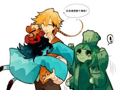  ! 1boy 1other 2girls :3 aislan animal_ears aqua_(deltarune) aqua_dress black_hair bow boxing_gloves brown_pants chef_hat coat collared_shirt commentary covered_eyes deltarune dress flowery_(deltarune) glomp gloves green_(deltarune) green_coat green_hair green_vest hair_bow half-closed_eyes hat hug long_hair mouse_(animal) mouse_ears mouse_tail multiple_girls orange_(deltarune) orange_gloves orange_vest pants parted_lips shirt simple_background sleeves_past_fingers sleeves_past_wrists smile spoken_exclamation_mark tail two-tone_vest utdr_(toby_fox) vest white_background white_shirt 