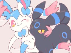  alternate_color blush closed_mouth commentary_request highres lily_saku39 no_humans no_sclera one_eye_closed open_mouth pink_eyes pokemon pokemon_(creature) pokemon_focus shiny_pokemon simple_background smile sylveon umbreon 