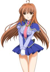 1girl 2000s_(style) ahoge blue_skirt blush breasts brown_eyes brown_hair game_asset gloves large_variant_set long_hair mahou_senshi_(series) mahou_senshi_symphonic_knights miniskirt necktie non-web_source official_art open_mouth parted_lips pink_necktie sad saitou_natsuki self-datamine simple_background skirt solo tachi-e thigh_gap transparent_background v_arms variant_set white_gloves yurise_ririna 