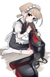  1girl absurdres apron black_dress black_shoes collared_dress commentary_request dress empty_eyes frilled_apron frills frogsnake full_body high_heels highres horizontal_pupils looking_at_viewer low_twintails maid maid_headdress neck_ribbon no_shoes original oversized_object platform_heels puffy_short_sleeves puffy_sleeves red_ribbon ribbon rika-chan_(frogsnake) shoes short_sleeves sitting socks solo twintails unworn_shoes waist_apron white_apron white_socks 