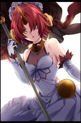  1girl berserker_of_black blue_eyes dress fate/apocrypha fate_(series) hair_over_eyes heterochromia highres horn mace pink_hair solo weapon ycco_(estrella) yellow_eyes 