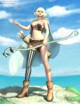  1girl amazon arrow asymmetrical_legwear bad_id bikini blonde_hair blue_sky boots bow_(weapon) breasts brown_boots brown_eyes cape cleavage clouds female full_body gohpot grass high_heel_boots high_heels highres holding holding_bow_(weapon) horizon large_breasts leopard_print marguerite ocean one_piece realistic revealing_clothes shadow signature single_thighhigh skirt sky solo standing striped striped_legwear swimsuit thigh-highs vertical-striped_legwear vertical_stripes weapon 