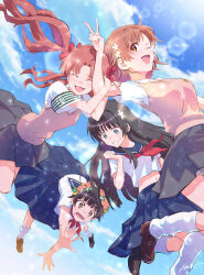  10ttruck 4girls :d ;d announcement_celebration armband black_hair blue_sailor_collar blue_skirt blue_sky breasts brown_eyes brown_hair brown_sweater_vest collared_shirt commentary_request flower flower_wreath green_armband grey_skirt hair_flower hair_ornament hairclip head_wreath highres judgement_armband_(toaru) long_hair loose_socks medium_breasts medium_hair midair midriff miniskirt misaka_mikoto multiple_girls navel neckerchief no_emblem one_eye_closed pleated_skirt red_neckerchief revision sailor_collar sakugawa_school_uniform saten_ruiko school_emblem school_uniform serafuku shirai_kuroko shirt short_hair short_sleeves skirt sky smile socks summer_uniform sweater_vest toaru_kagaku_no_railgun toaru_majutsu_no_index tokiwadai_school_uniform twintails uiharu_kazari v v-neck white_shirt white_socks 