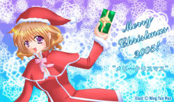  1girl 2005 artist_name brown_hair capelet christmas commentary dress english_commentary fur-trimmed_dress fur-trimmed_headwear fur_trim gift happy hat holding holding_gift long_sleeves merry_christmas neck_ribbon open_mouth original pink_ribbon red_capelet red_dress red_hat ribbon santa_hat smile snowflake_background solo upper_body violet_eyes wavy_hair wing_yun_man 
