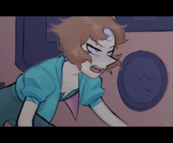  1girl animification blue_eyes canon_event crawling fake_doe fang forehead_jewel gem gem_(steven_universe) highres jacket official_alternate_costume open_mouth pants pearl pearl_(steven_universe) pointy_nose shirt short_hair solo steven_universe 