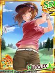  1girl angel_beats! brown_eyes brown_hair gloves golf golf_club grin hisako_(angel_beats!) long_hair misaki_juri ponytail shorts smile visor_cap 