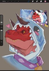  1boy art_program_in_frame art_program_request closed_mouth collar devil_dinosaur devil_dinosaur_(jeff_the_dinosaur) dinosaur english_commentary eviljugs fangs fangs_out heart highres horns looking_to_the_side marvel marvel_rivals name_tag reference_inset 