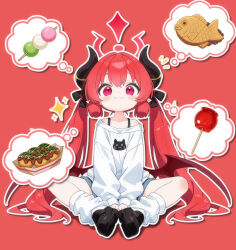  1girl :3 alternate_costume arms_between_legs bare_shoulders black_shoes blue_archive blue_shorts blunt_ends blush candy_apple casual closed_mouth commentary_request dango demon_girl demon_horns demon_wings eyebrows_hidden_by_hair food full_body hair_between_eyes halo highres horns junko_(blue_archive) knees_apart_feet_together loafers long_hair looking_at_viewer loose_socks low_wings mutsuse notice_lines off-shoulder_sweater off_shoulder outline red_background red_eyes red_hair red_halo sanshoku_dango shoes shorts sidelocks simple_background sitting sleeves_past_wrists slit_pupils smile socks solo sparkle speech_bubble sweater taiyaki takoyaki tareme thought_bubble twintails very_long_hair wagashi white_outline white_socks white_sweater wings 
