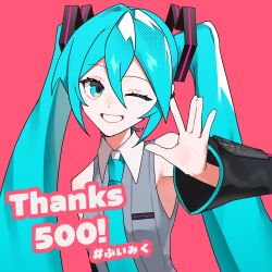  1girl :d ;d \||/ absurdres aqua_eyes aqua_hair aqua_necktie aqua_trim arm_up armpits bare_shoulders black_sleeves cardiogram_print collared_shirt commentary_request contrast_collar detached_sleeves dot_nose double-parted_bangs grey_shirt grin hair_between_eyes hashtag hatsune_miku hatsune_miku_(vocaloid6) highres lam_(style) long_hair looking_at_viewer milestone_celebration necktie official_style one_eye_closed parody pink_background ribbed_shirt second-party_source shirt simple_background sleeveless sleeveless_shirt smile solo style_parody thank_you twintails vocaloid waving wing_collar yatsumeron 