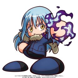  1girl artist_request aura black_shirt black_shoes blue_coat blue_shoes coat commentary_request copyright_notice crossover dark_aura fur-trimmed_coat fur_trim jikkyou_powerful_pro_yakyuu jikkyou_powerful_pro_yakyuu_(style) jikkyou_powerful_soccer long_hair multicolored_shoes no_mouth official_art open_clothes open_coat outstretched_arm rayman_limbs rimuru_tempest shirt shoes solo tensei_shitara_slime_datta_ken translation_request two-tone_shoes white_background yellow_eyes 