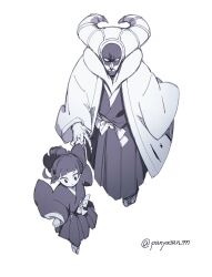  1boy 1girl blank_eyes bleach bleach:_epilogue blunt_bangs child closed_mouth father_and_child from_above full_body greyscale hakama haori highres holding_hands japanese_clothes kimono kurotsuchi_mayuri long_hair long_sleeves looking_ahead makeup monochrome nemuri_hachigou obi panyasan_777 parent_and_child sandals sash simple_background teeth twitter_username walking white_background wide_sleeves zouri 