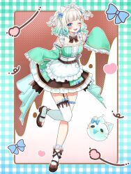 1girl black_shoes blue_eyes bow detached_sleeves dress frilled_straps gradient_hair green_dress green_hair green_sleeves hair_bow hair_ornament highres indie_virtual_youtuber looking_at_viewer maid maid_headdress mint_fantome mint_fantome_(minto_2.0) multicolored_hair one_eye_closed open_mouth pointy_ears shirushi_aoi shoes short_hair single_thighhigh sleeves_past_fingers sleeves_past_wrists smile solo standing standing_on_one_leg thigh-highs thigh_strap thighs triangular_headpiece virtual_youtuber white_hair white_thighhighs wisps_(mint_fantome) x_hair_ornament 