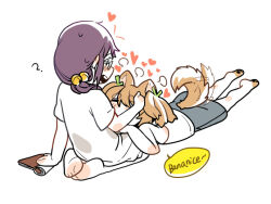  2girls :d ? afterimage animal_ears animal_feet arm_support barefoot bell blonde_hair blush book catchphrase chinese_commentary closed_eyes commentary_request covered_mouth daiba_nana dog_ears dog_girl dog_tail dress facing_another from_behind full_body glasses green_ribbon hair_bell hair_between_eyes hair_ornament hair_ribbon hand_on_another's_face hand_on_lap hand_up head_rest headpat heart hoshimi_junna invisible_floor kemonomimi_mode lap_pillow leaning_back long_hair low_side_ponytail lying motion_lines multiple_girls on_stomach open_mouth puff_of_air purple_hair ribbon seiza shirt short_hair short_sleeves short_twintails shoujo_kageki_revue_starlight side_ponytail simple_background sitting sleepwear sleeveless sleeveless_shirt smile soles speech_bubble tail tail_wagging teeth thick_eyebrows twintails upper_teeth_only white_background white_dress white_shirt xbox_ox yuri 