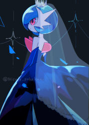  1girl alternate_color arms_at_sides artist_name backless_dress backless_outfit bare_shoulders black_background black_dress black_gloves blue_hair bob_cut bridal_veil chromatic_aberration closed_mouth colored_skin commentary crown dress elbow_gloves from_behind gardevoir gloves hair_over_one_eye happy highres long_dress mega_gardevoir mega_pokemon mini_crown nikoru one_eye_covered pokemon pokemon_(creature) red_eyes see-through_clothes see-through_veil shiny_pokemon short_hair signature smile solo standing strapless strapless_dress twitter_username veil white_crown white_skin 