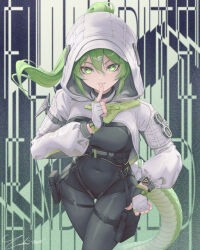  1girl arknights arknights:_endfield black_bodysuit bodysuit breasts commentary covered_navel english_commentary finger_to_mouth fingerless_gloves fluorite_(arknights) gloves green_eyes green_hair green_tail grey_gloves hair_through_hood highres hood hood_up hooded_shrug impossible_bodysuit impossible_clothes lizard_tail long_hair looking_at_viewer medium_breasts ponytail reptile_girl shrug_(clothing) solo tail yuki7128 