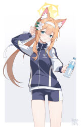  1girl absurdres adjusting_hair_ornament animal_ear_fluff animal_ears arm_up black_jacket black_shorts blue_archive blue_background blue_eyes blush bottle closed_mouth commentary_request cowboy_shot dated flower gym_uniform hair_between_eyes hair_flower hair_ornament hairband halo highres holding holding_bottle jacket light_smile long_hair long_sleeves looking_at_viewer mari_(blue_archive) mari_(track)_(blue_archive) multicolored_jacket multicolored_shorts official_alternate_costume orange_hair ping_zhong_yu short_shorts shorts simple_background solo two-tone_jacket two-tone_shorts white_background white_flower white_hairband white_jacket white_shorts yellow_halo 