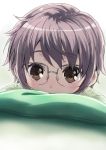  1girl brown_eyes close-up glasses hidden_mouth highres looking_at_viewer nagato_yuki nagato_yuki-chan_no_shoushitsu pillow purple_hair puyo suzumiya_haruhi_no_shoushitsu suzumiya_haruhi_no_yuuutsu 