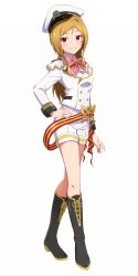  1girl blonde_hair boots bow bowtie brown_eyes buttons closed_mouth dani-ikapi double-breasted frills full_body hat highres idol_clothes idolmaster idolmaster_million_live! jacket lace-up_boots lapels long_hair long_sleeves military_hat military_uniform momose_rio naval_dress_uniform naval_uniform one_night_cruise pink_bow pink_bowtie sash shirt short_shorts shorts shoulder_boards sleeve_cuffs standing striped_clothes white_jacket white_shirt white_shorts 