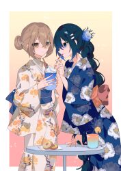  2girls ampheta blue_eyes blue_hair blue_kimono braid brown_hair commentary_request cup doughnut drinking_glass drinking_straw floral_print floral_print_kimono food hair_bun hair_ornament hairclip highres japanese_clothes kimono long_hair multiple_girls oumi_shiori print_kimono sharing_food table watashi_wo_tabetai_hitodenashi yaotose_hinako 