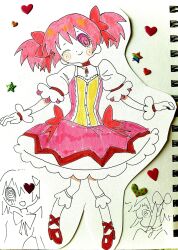  1girl blaubeerie bobby_socks bow bubble_skirt center_frills choker doodle_inset dot_nose eyelashes frills full_body gem gloves hair_bow heart highres kaname_madoka kaname_madoka_(magical_girl) magical_girl mahou_shoujo_madoka_magica mahou_shoujo_madoka_magica_(anime) marker_(medium) one_eye_closed pink_eyes pink_hair puffy_short_sleeves puffy_sleeves red_bow red_choker red_shoes shoes short_sleeves short_twintails skirt smile socks solo star_(symbol) swirl traditional_media twintails white_gloves 