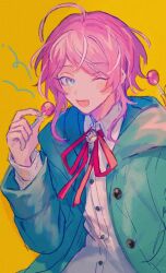  1boy amemura_ramuda aogiri_(fragment) blue_jacket candy food holding holding_candy holding_food holding_lollipop hypnosis_mic jacket lollipop long_sleeves looking_at_viewer male_focus one_eye_closed open_mouth pink_hair red_ribbon ribbon shirt short_hair solo upper_body white_shirt yellow_background 