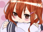  1girl absurdres blush_stickers brown_eyes brown_hair crossed_arms fang_out hair_between_eyes hair_ornament hairclip head_on_arm highres ikazuchi_(kantai_collection) kantai_collection mitsudoue short_hair 