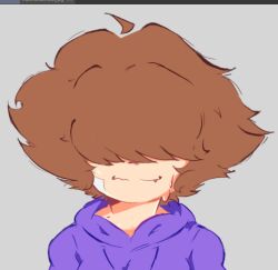  1girl blush commentary english_commentary faceless faceless_female fluffy_hair hair_over_eyes long_bangs long_sleeves nervous original portrait short_hair smile sweatdrop tammy 