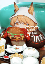  1girl a_reve_s absurdres animal_ears arknights artist_name black_jacket breasts brown_hair brown_shirt bucket_hat burger ceobe_(arknights) ceobe_(unfettered)_(arknights) cheese cup disposable_cup dog_ears dog_girl drinking_straw ears_through_headwear eating food french_fries gloves hair_ornament halftone hat highres holding holding_food jacket ketchup lettuce long_hair medium_breasts official_alternate_costume open_clothes open_jacket orange_eyes red_gloves shark_hair_ornament shirt sitting solo swept_bangs tomato tomato_slice tray twitter_username white_hat 