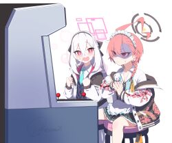 ahoge apron aqua_halo arcade_cabinet black_hairband black_halo blue_archive blue_necktie braid bright_pupils clenched_hands commentary_request hair_between_eyes hairband half_updo halo highres huge_ahoge jacket jjigong_chigon kei_(blue_archive) kei_(student)_(blue_archive) long_hair_between_eyes loosely_tucked_bangs maid_headdress mole mole_under_each_eye mole_under_eye multicolored_jacket multiple_moles necktie neru_(blue_archive) open_clothes open_jacket partially_shaded_face pink_eyes pink_halo print_jacket rectangular_halo ringed_eyes short_hair single_braid sitting sukajan two-tone_jacket waist_apron white_apron white_background white_hair white_jacket 