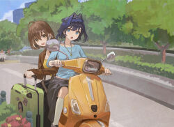  2girls ahoge alternate_costume azumanga_daioh black_hair black_skirt blue_eyes blue_hair blue_sweater brown_eyes brown_hair brown_jacket chain chain_headband commentary day dotr_art earrings friend_(nanashi_mumei) hair_between_eyes hair_intakes heart heart_necklace highres hololive hololive_english jacket jewelry kasuga_ayumu kneehighs long_sleeves looking_at_viewer motor_vehicle multicolored_hair multiple_girls nanashi_mumei necklace on_scooter open_clothes open_jacket open_mouth ouro_kronii outdoors road rolling_suitcase scooter shirt short_hair skirt sleeves_past_wrists smile socks star_(symbol) star_sticker sticker streaked_hair street stud_earrings suitcase sweater tree untranslatable_commentary virtual_youtuber white_hair white_socks yellow_shirt 