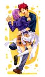  1boy 1girl :d apron arato_hisako arm_around_waist artist_request blazer blush brown_skirt couple embarrassed eye_contact full_body hand_holding hand_on_another&#039;s_hip hug incipient_kiss legs long_sleeves looking_at_another open_mouth pants purple_hair red_eyes redhead scar school_uniform shoes shokugeki_no_souma short_hair shy skirt smile socks spiky_hair standing surprised yellow_eyes yukihira_souma 