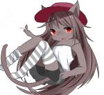  1girl artist_request brown_hair cat cigarette copyright_request female furry hat long_hair open_mouth red_eyes solo thigh-highs white_background 