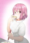  1girl arato_hisako blush breasts open_mouth pants purple_hair shokugeki_no_souma short_hair violet_eyes 