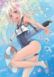  1girl ass blonde_hair blue_eyes flower hair_flower hair_ornament highres jacob_dream_world kantai_collection lifebuoy long_hair open_mouth petals ro-500_(kantai_collection) school_swimsuit smile solo swimsuit tan tanline torpedo underwater 