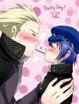  1boy 1girl blonde_hair blue_hair blush closed_eyes hanuwabbit hat persona persona_4 pocky scar shirogane_naoto tatsumi_kanji 