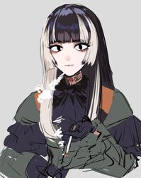  1girl black_eyes black_hair blonde_hair blowing_smoke blunt_bangs cigarette grey_background highres hololive hololive_dev_is juufuutei_raden long_hair looking_at_viewer multicolored_hair murechika simple_background sketch smoke solo two-tone_hair virtual_youtuber 