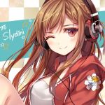  1girl ;) blush braid brown_hair checkered checkered_background headphones hood hoodie jpeg_artifacts long_hair lowres momoko_(momopoco) one_eye_closed open_clothes open_hoodie smile solo star 
