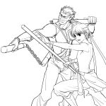  2boys arc_(arc_the_lad) arc_the_lad arc_the_lad_ii brown_hair father_and_son highres monochrome multiple_boys sword weapon 